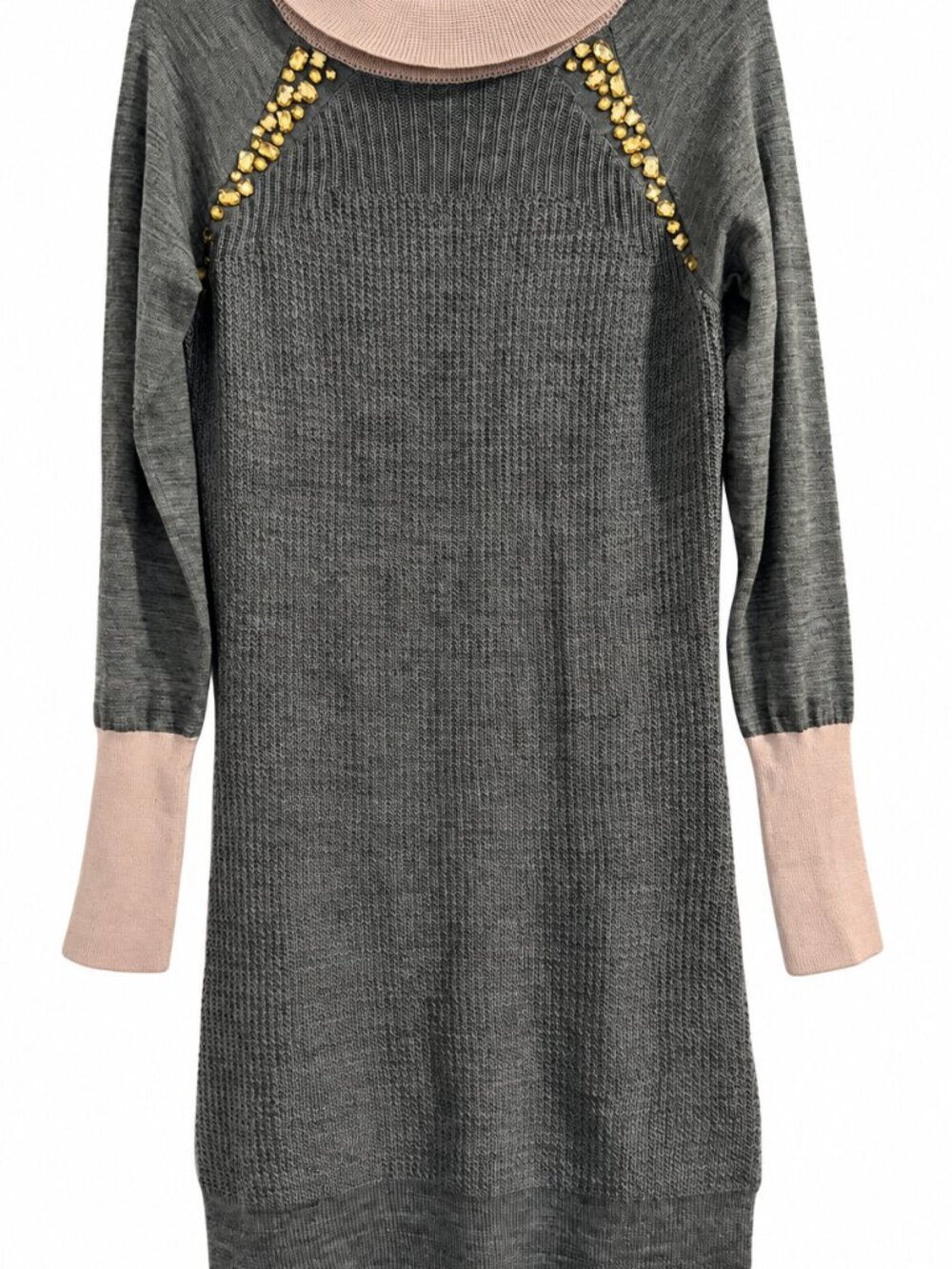 Silvian Heach Olive Gray Knit Sweater Dress Jeweled Cowl Neck Wool Blend S